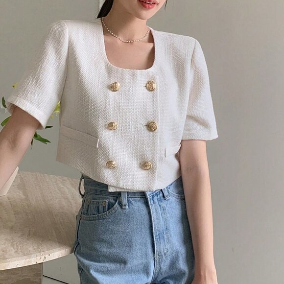 Beige Casual Women's Double Breasted Crop Blouse - Picture 4 of 5